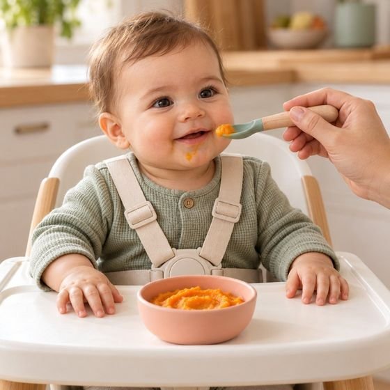 Bebé de 6 meses probando puré