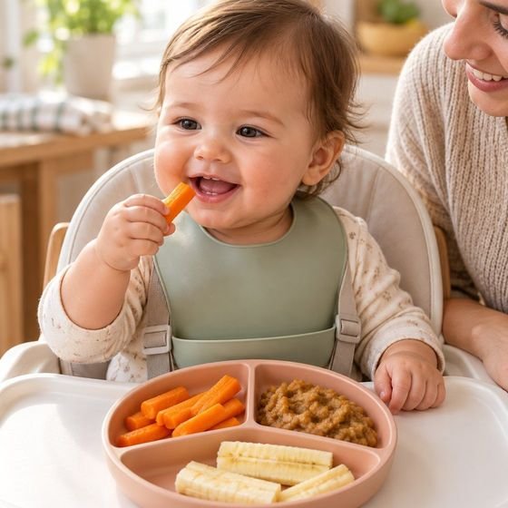 Bebé comiendo trocitos blandos con la mano