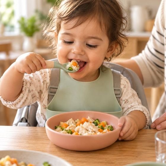 Niña comiendo arroz con verduras