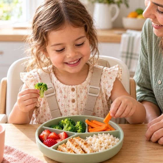 Niña comiendo un plato completo en la mesa familiar