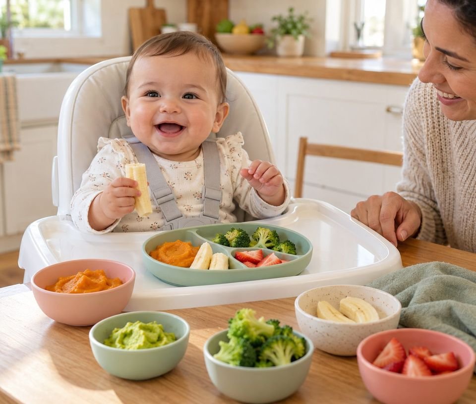 Bebé feliz comiendo en su silla junto a su mamá